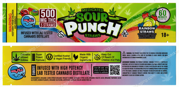 Sour Punch Straws : Rainbow (2x9.5in) Bag *Empty Bags* (CaSupply) #E1