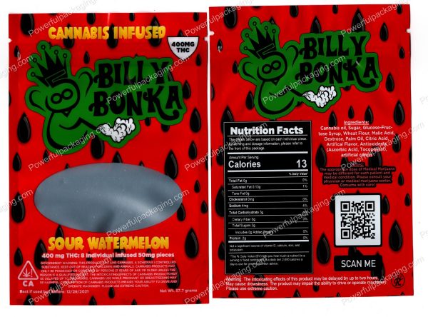 BILLY BONKA : Sour Watermelon 400mg Cannabis Infused Mylar (4.25x6in) Packaging *Empty Bags*