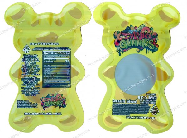 Dank Gummies Yellow 3D Bear 500mg Mylar Shaped Edible Packaging *Empty Bags*