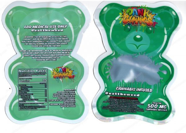 Dank Gummies Cannabis Infused Green Stand Up Bear 500mg Mylar Shaped Edible Packaging *Empty Bags* (#M)