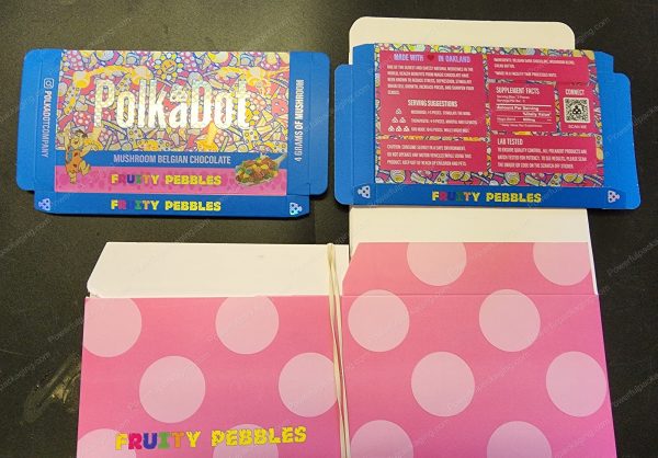 Large PolkaDot Magic Mushroom Belgain Chocolate : Fruity Pebbles 4g 10-Pack with Master Case and Sleeve (5.5x3.5in) *Empty Box*