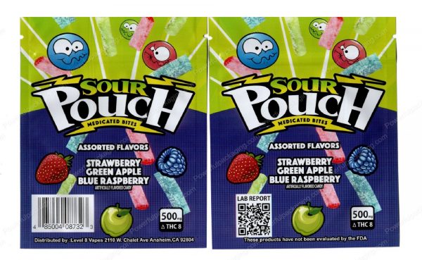 Sour Pouch Medicated Bites : Strawberry Green Apple Blue Raspberry Delta-8 Packaging Edible Mylar Bag *Empty Bags*