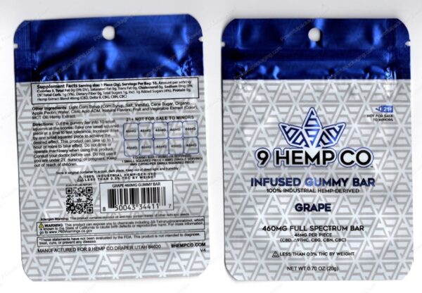 9 Hemo Co : Grape Infused Gummy Bar 460mg CBD Delta-9 Mylar Bag Edibles Packaging *Empty Bags* (#Delta)