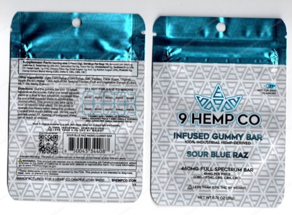 9 Hemo Co : Sour Blue Raz Infused Gummy Bar 460mg CBD Delta-9 Mylar Bag Edibles Packaging *Empty Bags* (#Delta)