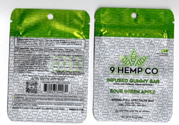 9 Hemo Co : Sour Green Apple Infused Gummy Bar 460mg CBD Delta-9 Mylar Bag Edibles Packaging *Empty Bags* (#Delta)