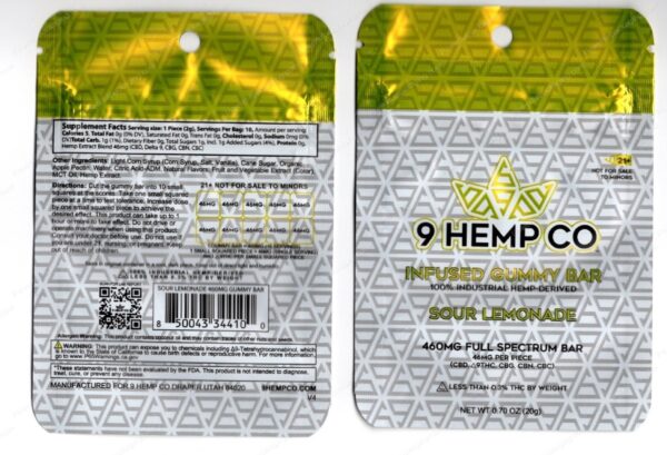 9 Hemo Co : Sour Lemonade Infused Gummy Bar 460mg CBD Delta-9 Mylar Bag Edibles Packaging *Empty Bags* (#Delta)