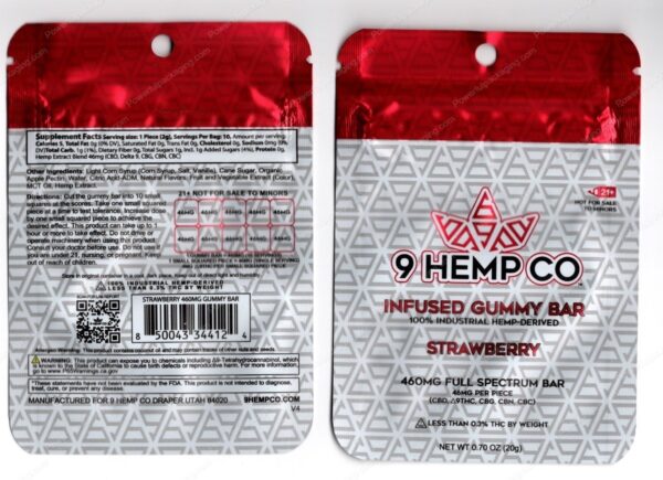 9 Hemo Co : Strawberry Infused Gummy Bar 460mg CBD Delta-9 Mylar Bag Edibles Packaging *Empty Bags* (#Delta)