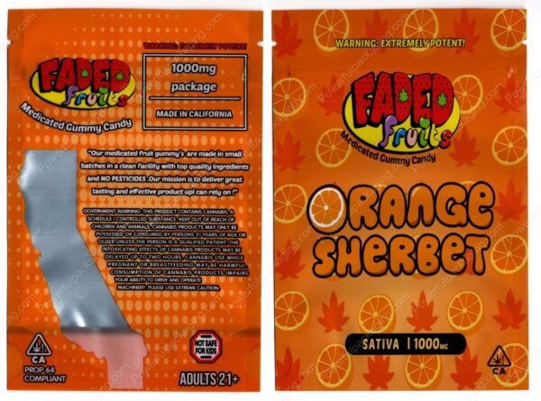 FADED fruits : Orange Sherbet (Sativa 1000mg) Gummies Edible Mylar Bag *Empty Bags* (CaSupply) (#C3S)