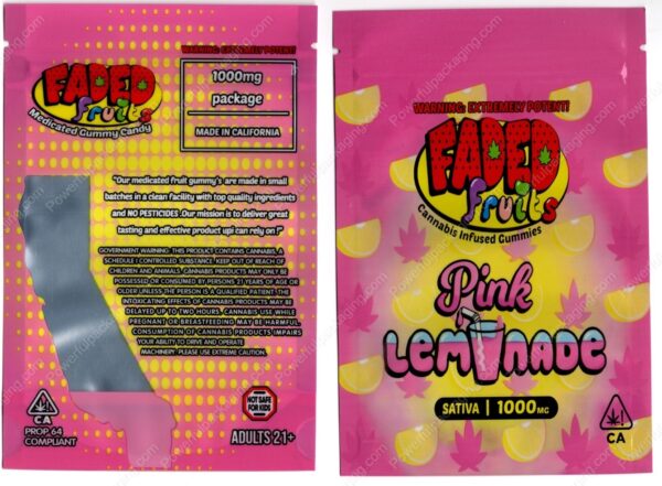 FADED fruits : Pink Lemonade (Sativa 1000mg) Gummies Edible Mylar Bag *Empty Bags* (CaSupply) (#C3S)