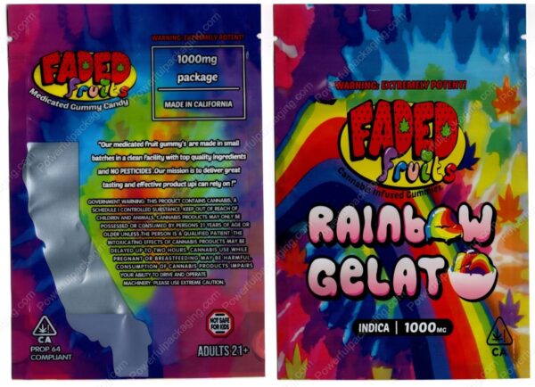 FADED fruits : Rainbow Gelato (Indica 1000mg) Gummies Edible Mylar Bag *Empty Bags* (CaSupply) (#C3S)