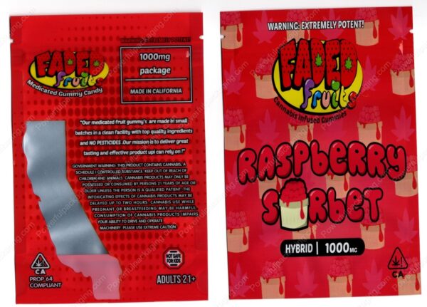 FADED fruits : Raspberry Sorbet (Hybrid 1000mg) THC Gummies Edible Mylar Bag *Empty Bags* (CaSupply) (#C3S)