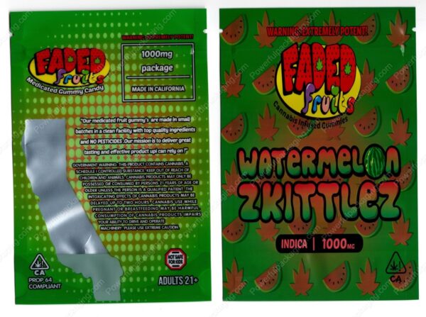 FADED fruits : Watermelon Zkittlez (Indica 1000mg) THC Gummies Edible Mylar Bag *Empty Bags* (CaSupply) (#C3S)