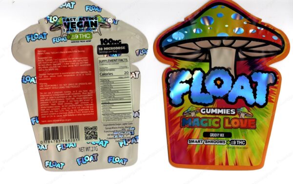 Float Magic Love Groovy Mix Reflective Mushroom Mylar Shaped Gummies Bag Delta-9 Packaging *Empty Bags* (#RC3)