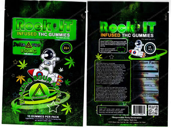 Rock It : Blazing Sour Apple Infused THC Gummies Delta-8 Packaging 3.5 Mylar Bag *Empty Bags* (#DeltaC)