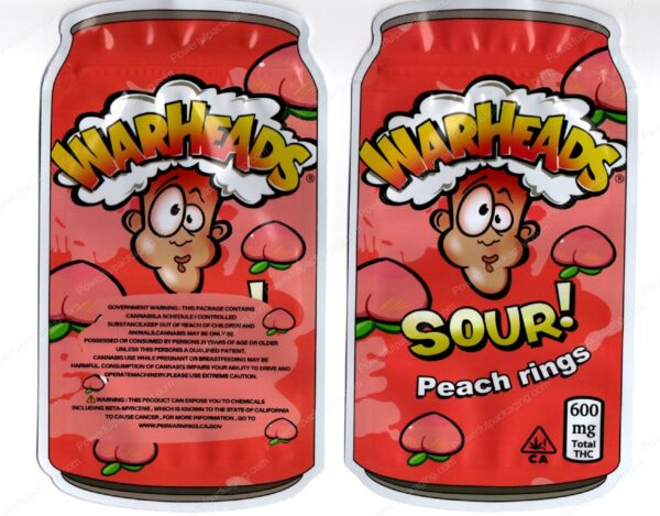 WARHEADS : Sour Peach Rings Can 600mg THC Mylar Shaped Bag Edibles Packaging *Empty Bags* (#RC3)