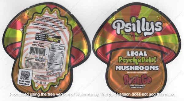 Psillys Mushrooms Orange 150 MG Per Bag Edible Mushroom Packaging *Empty Packaging* (CaSupply)